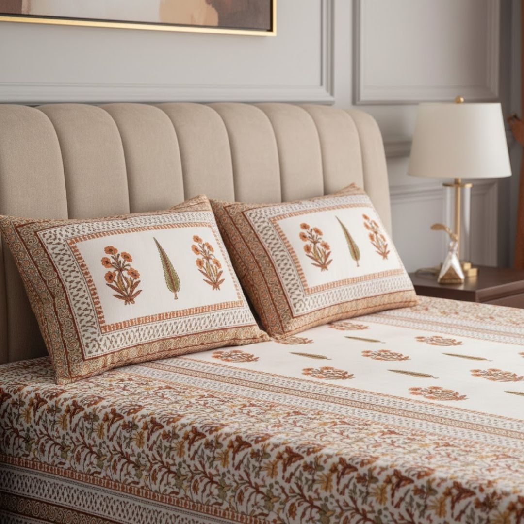 Serene Symmetry PeachBlock Print Pure Cotton Double Bedsheet